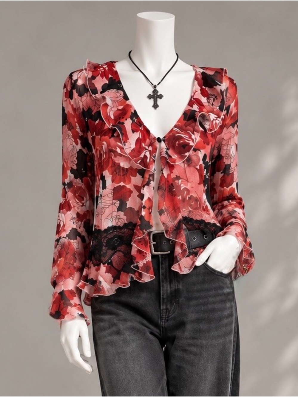 Allison Taylor Y2K Floral Sheer Ruffle Top L Red Black Open Whimsigoth Romantic